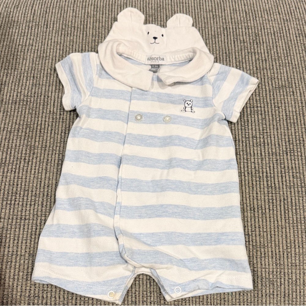 Absorba Blue and White Striped Baby Bodysuit Nautical Bear Snap Down 0-3 months